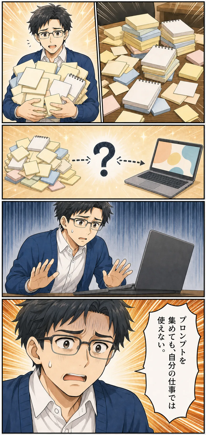 漫画: 指示文のコレクションを集めても使いこなせない場面