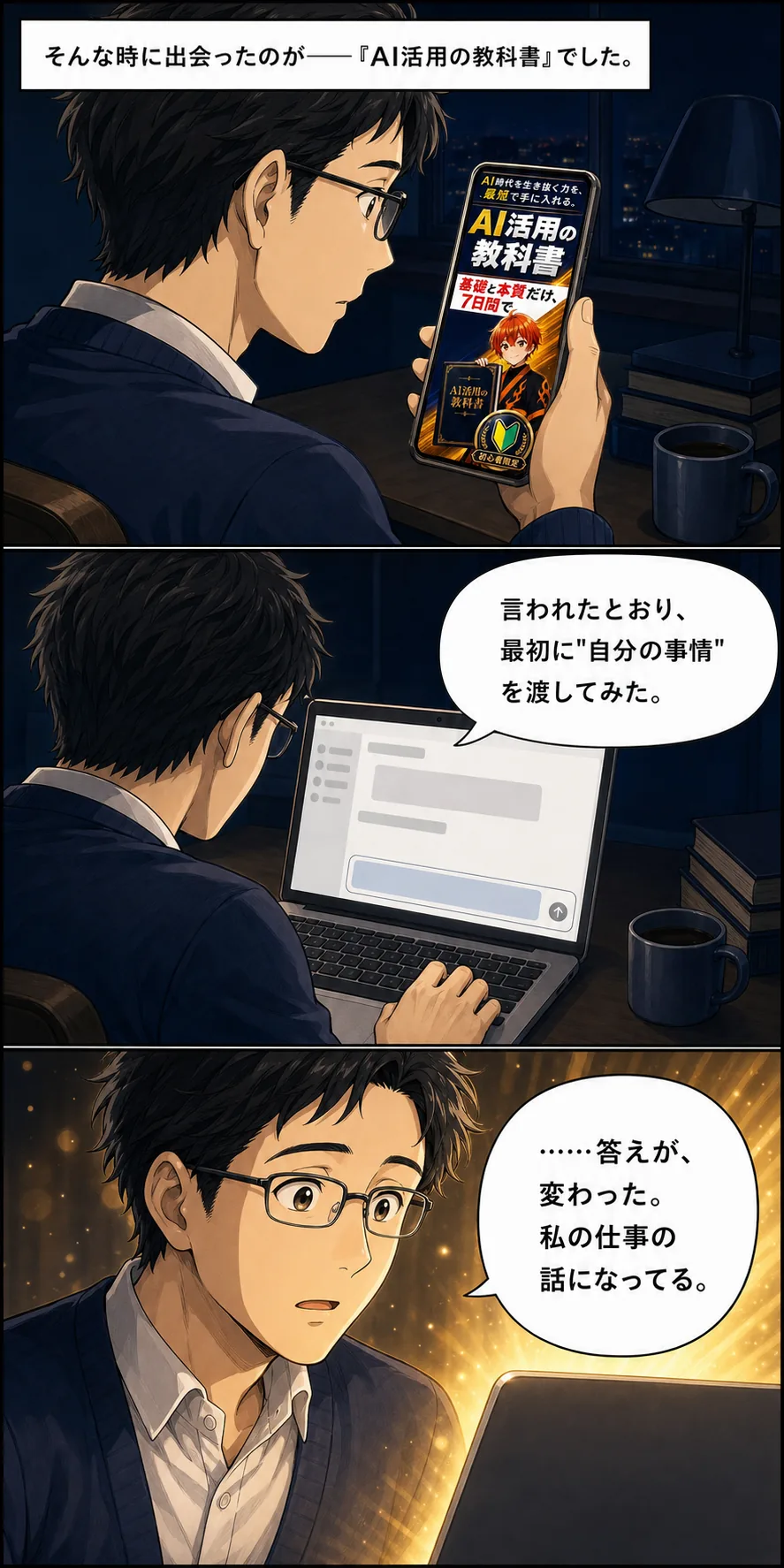 漫画: そんな時に出会ったのが『AI活用の教科書』でした——答えが、変わった