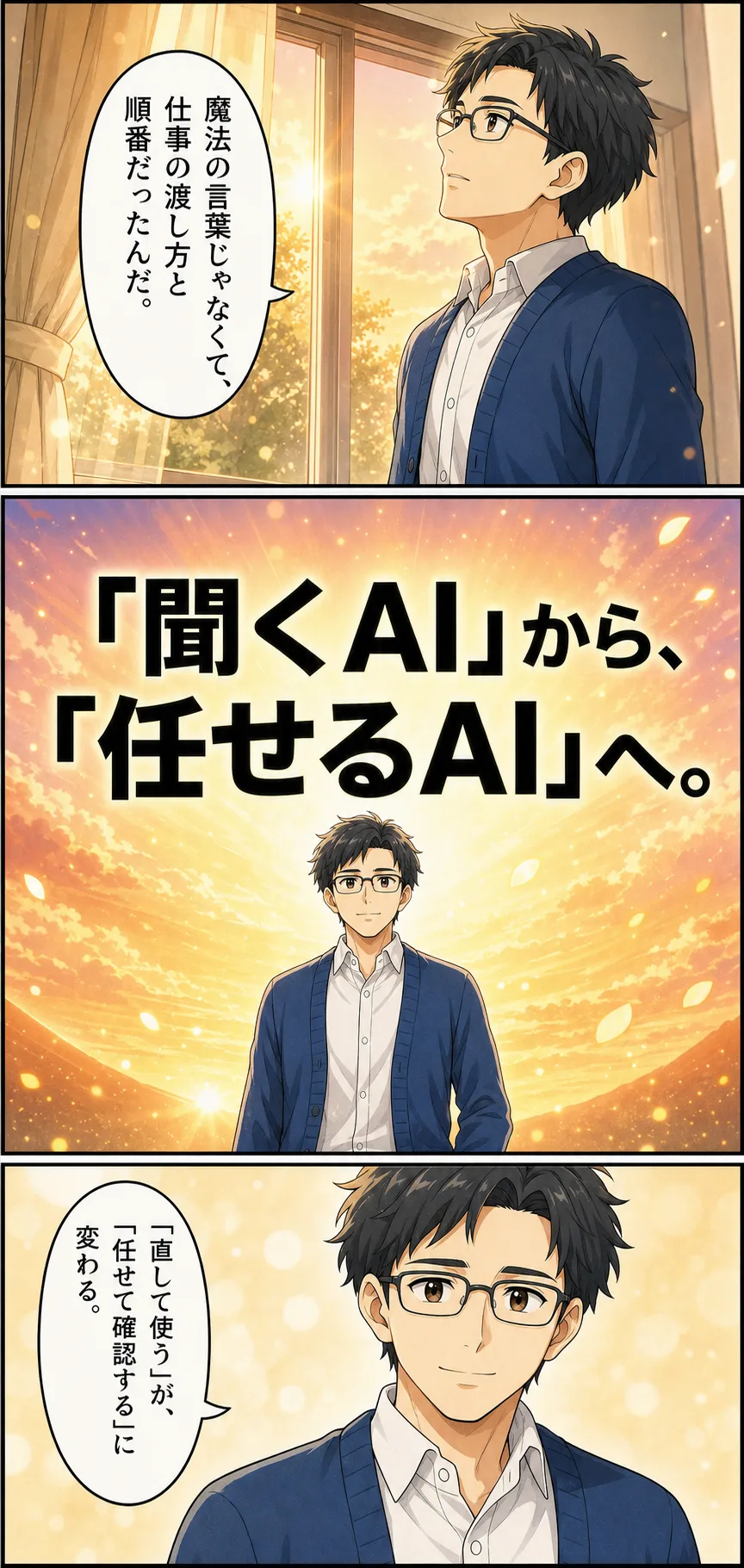漫画: 聞くAIから、任せるAIへ。直して使うが、任せて確認するに変わる