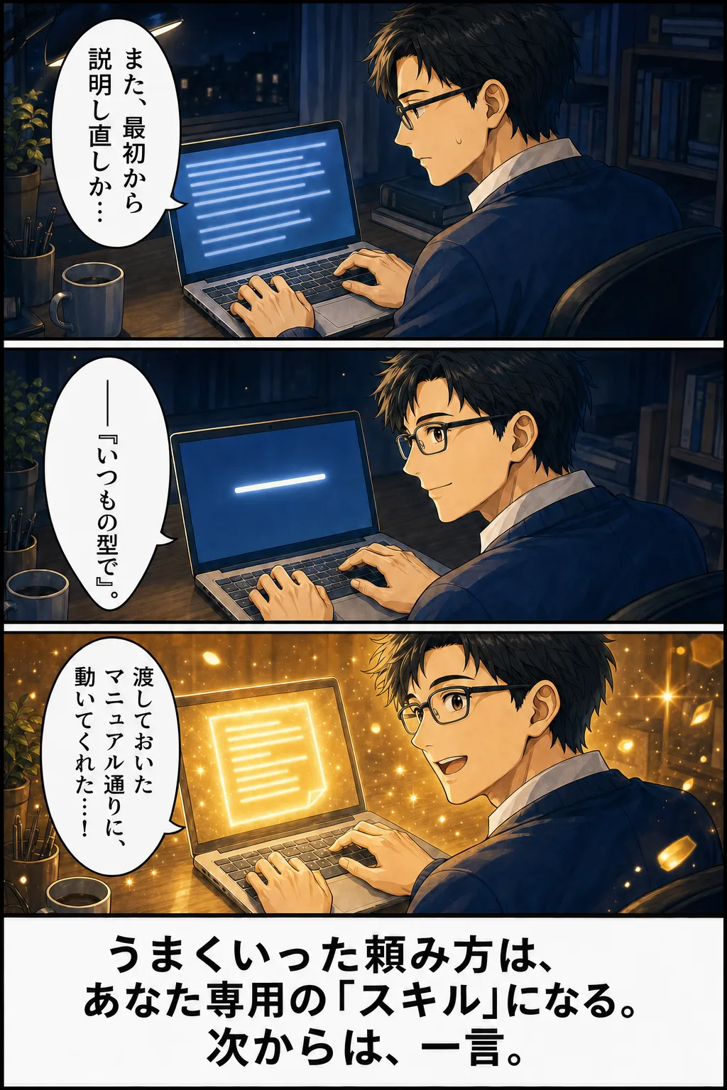 漫画: 渡しておいたマニュアル通りにAIが動く場面。うまくいった頼み方は、あなた専用のスキルになる。次からは、一言。