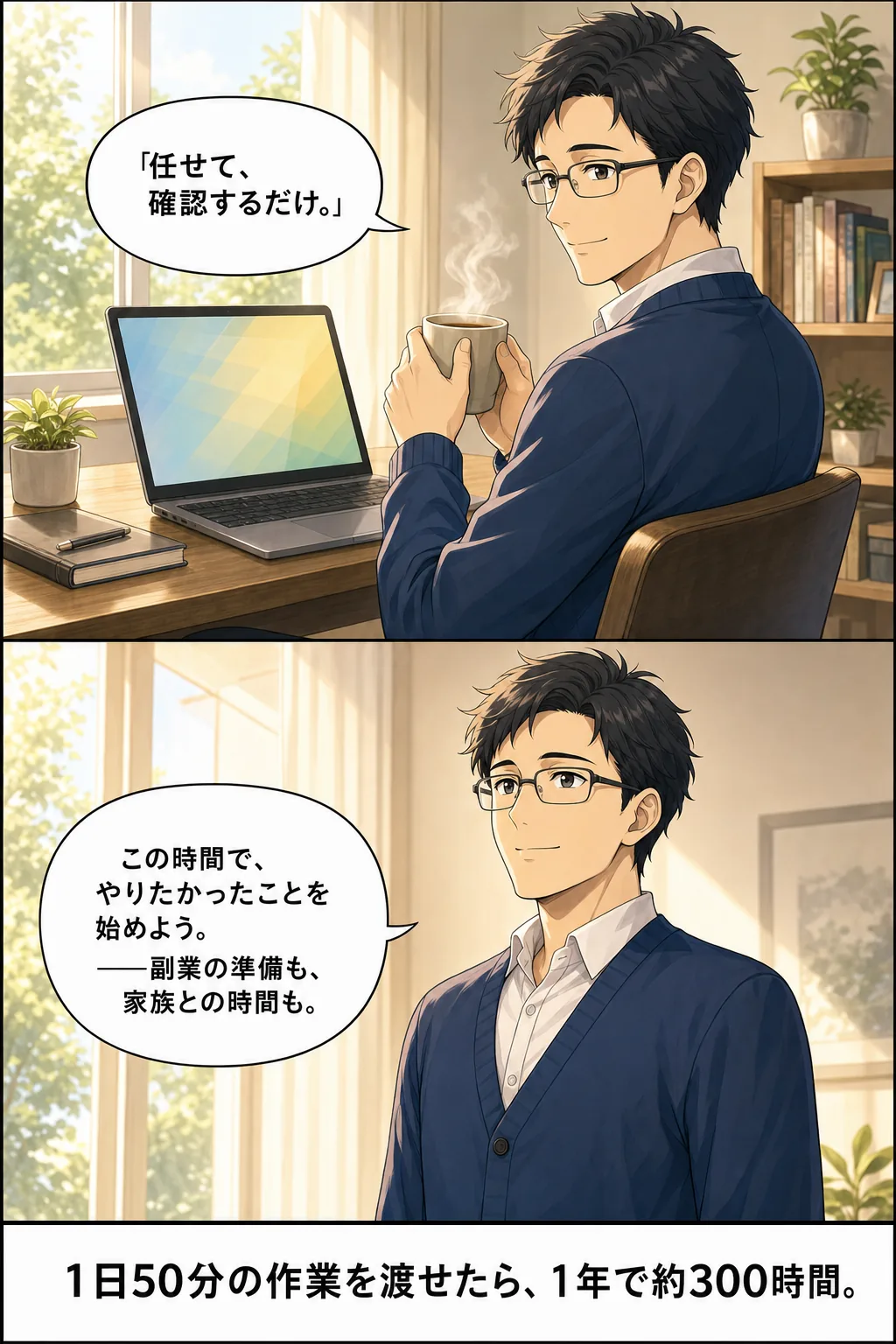 漫画: AIに任せて、確認するだけになった朝の場面。この時間で、やりたかったことを始めよう——副業の準備も、家族との時間も。1日50分の作業を渡せたら、1年で約300時間。