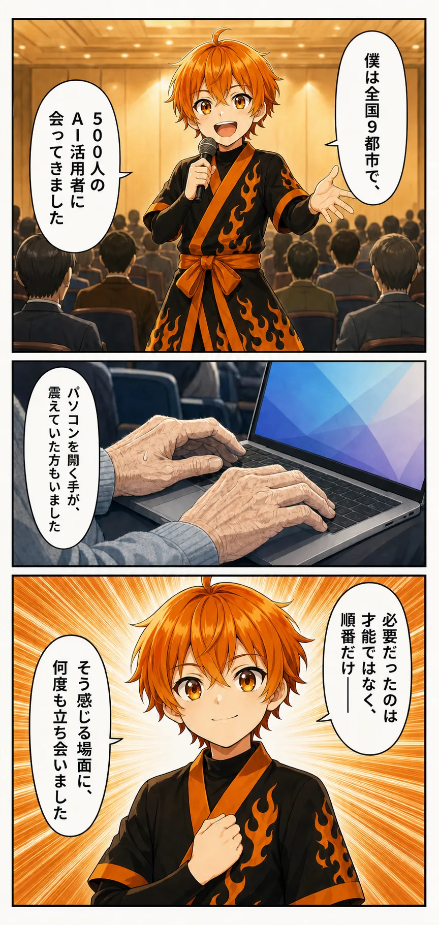 漫画: 全国9都市で500人のAI活用者に会ってきた経験を語る場面