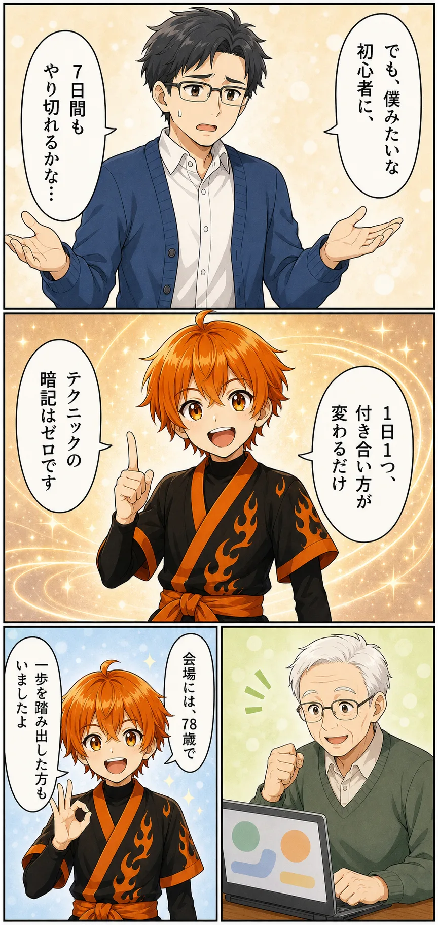 漫画: テクニックの暗記はゼロ。1日1つ、付き合い方が変わるだけ