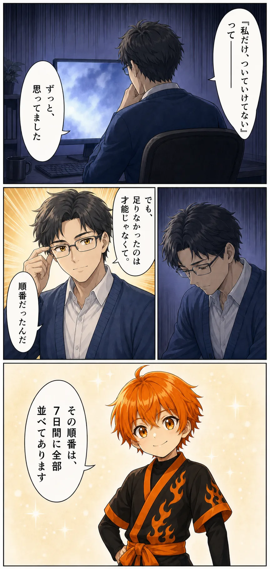 漫画: 足りなかったのは才能じゃなくて順番だったと気づく場面